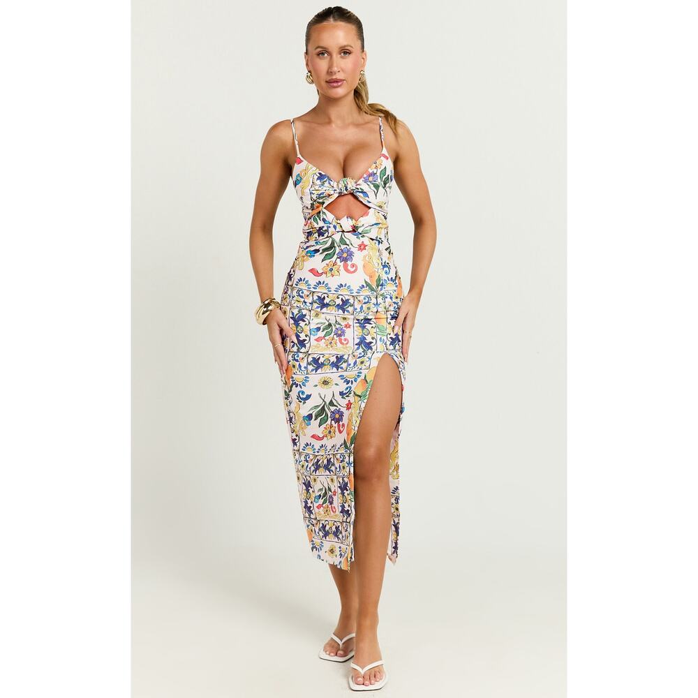 Showpo Janice Midi Dress – Positano Print • Knot Front + Front Split • NWT